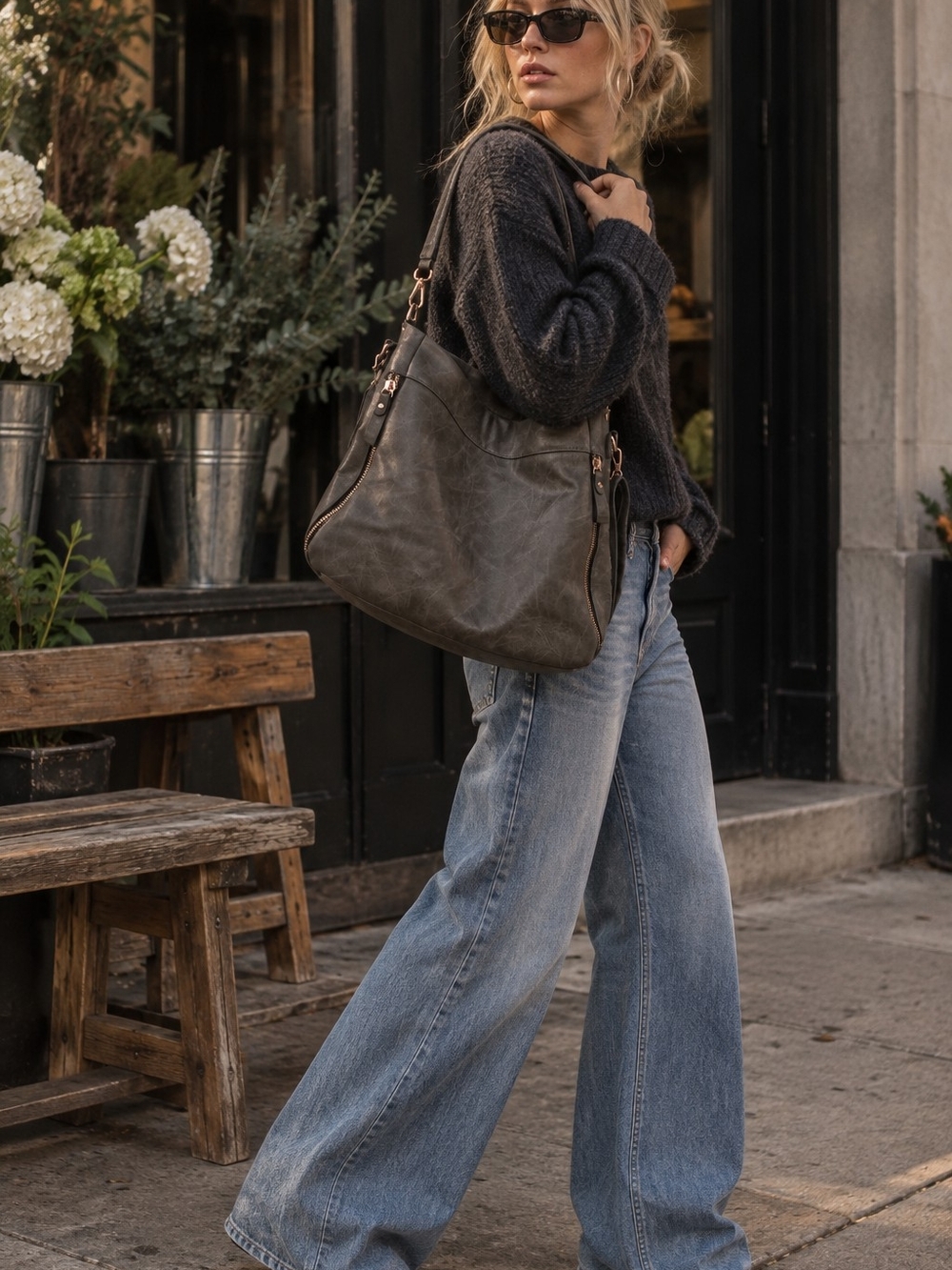 Madison West Grey Slouchy Shoulder Bag | Y2K Hobo Purse